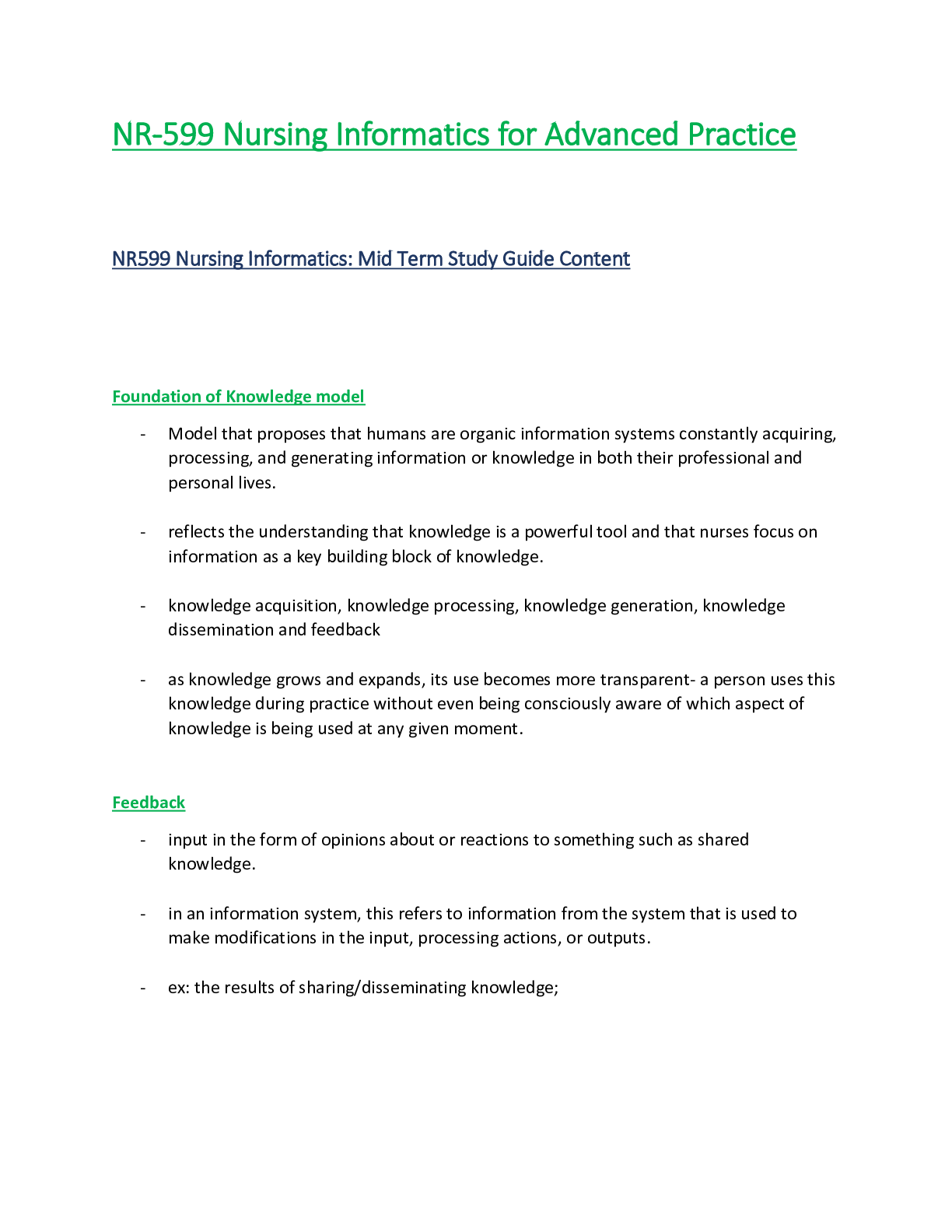 Preview of NR599 / NR-599 Midterm Study Guide Content (Latest 2021 /2022): Nursing Informatics for Ad